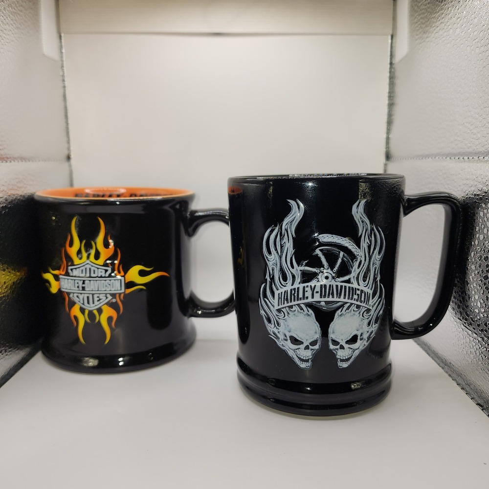 Harley-Davidson Coffee Mug Set‎ Unisex OS Black Orange Flame Skull Biker 2pc